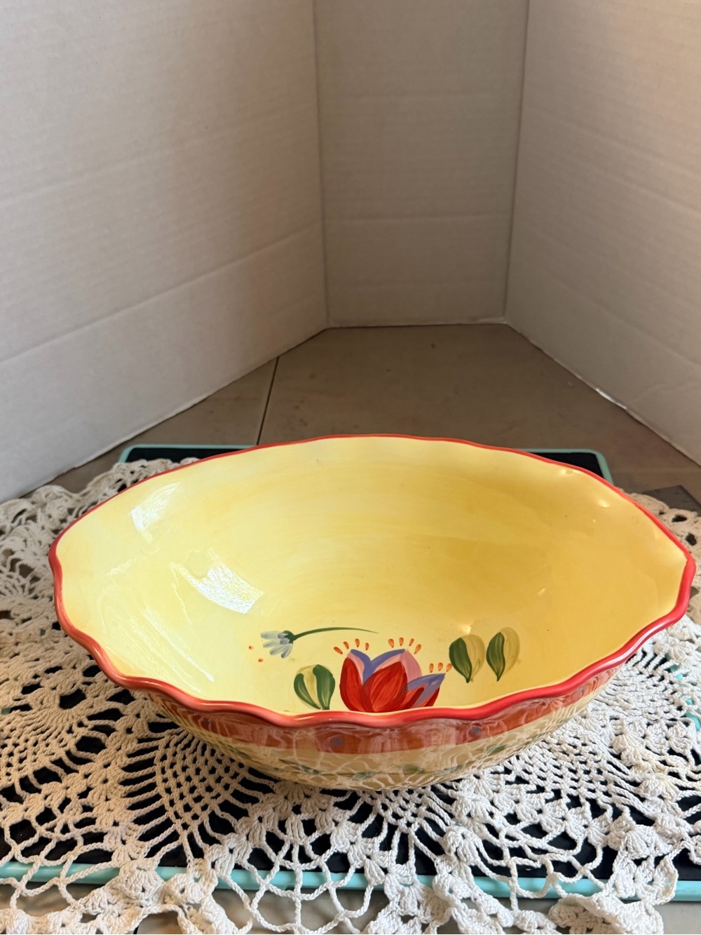 Hand-Painted Yellow Floral Serving Bowl Pfaltzgraffe scalloped edges